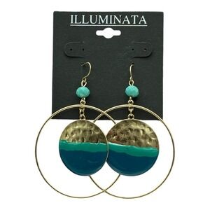 Illuminata Art Deco Teal Blue Drop Dangle Earrings Statement Hammered Hoop
